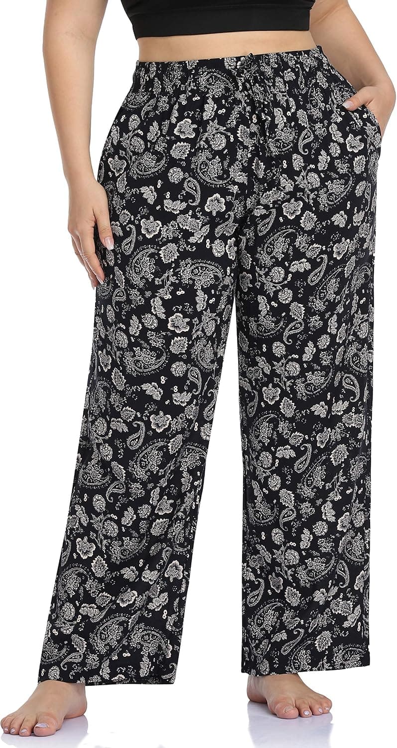 ZERDOCEAN Women's Plus Size Casual Pants Printed Drawstring Boho Palazzo Lounge Pants Wide Leg 468 1X