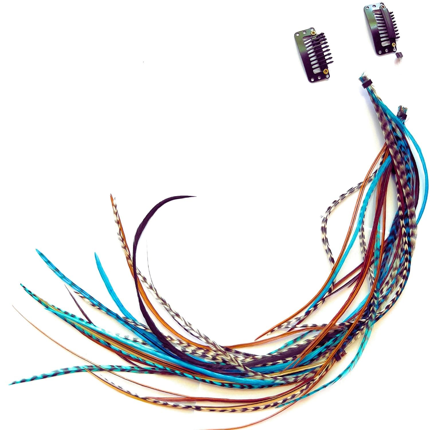 Feather Hair Clips, Long Hippie Boho Indian Accessories, Real Clip on Feather Extensions (Brown/Turquoise)