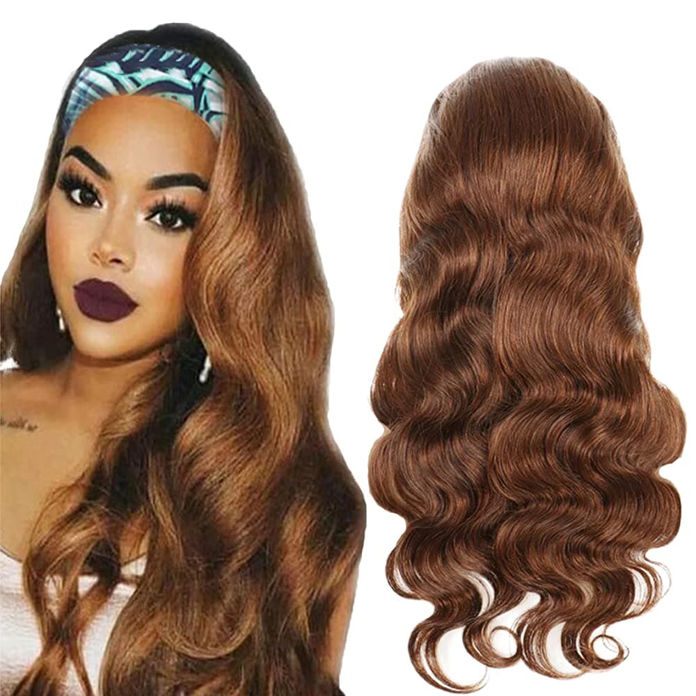 1B30 Body Wave Headband Wig Ombre Human Hair Wigs Brown Ombre Wigs Medium Auburn Wigs 130% Density Grade 8A Brazilian Remy Human Hair Headband Wigs Blonde Wave Wig 18 Inch