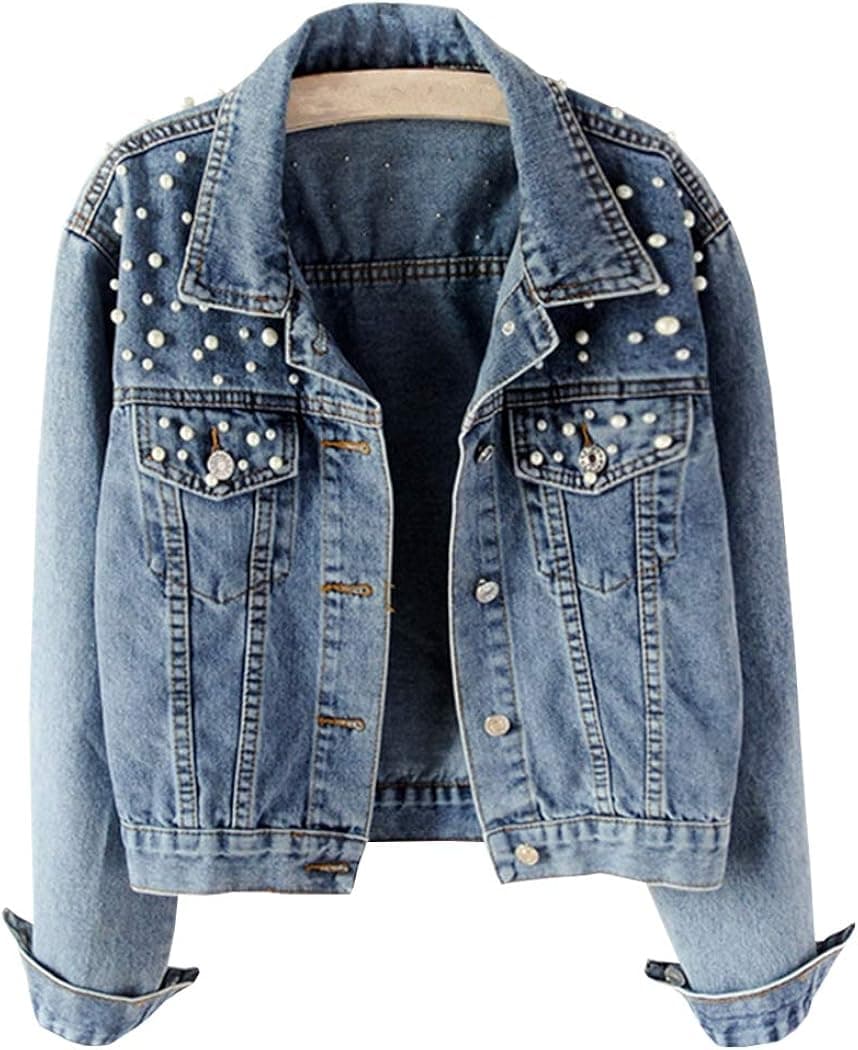 Hixiaohe Women Loose Embroidered Pearls Beading Cropped Denim Jacket Jean Coat