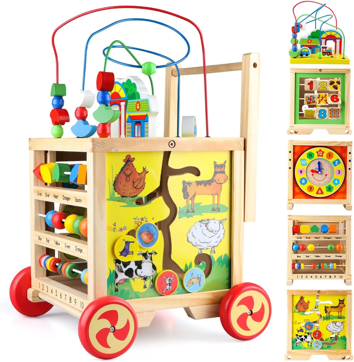 FOPNETS Wooden Toys for 1 2 Year Old Boys Girls Activity Cube Gift Set Developmental Montessori Learning Educational Toys for Toddlers Removable Bead Maze Shape Sorter 6 in 1 First Birthday Gifts