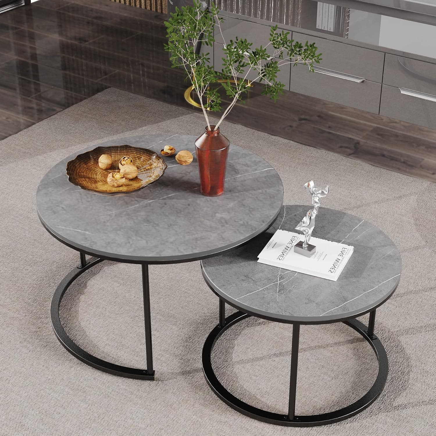 Wisfor Nesting Coffee Table Set of 2, Marble Round Stacking Nesting Coffee Table for Living Room with Sintered Stone Tabletop