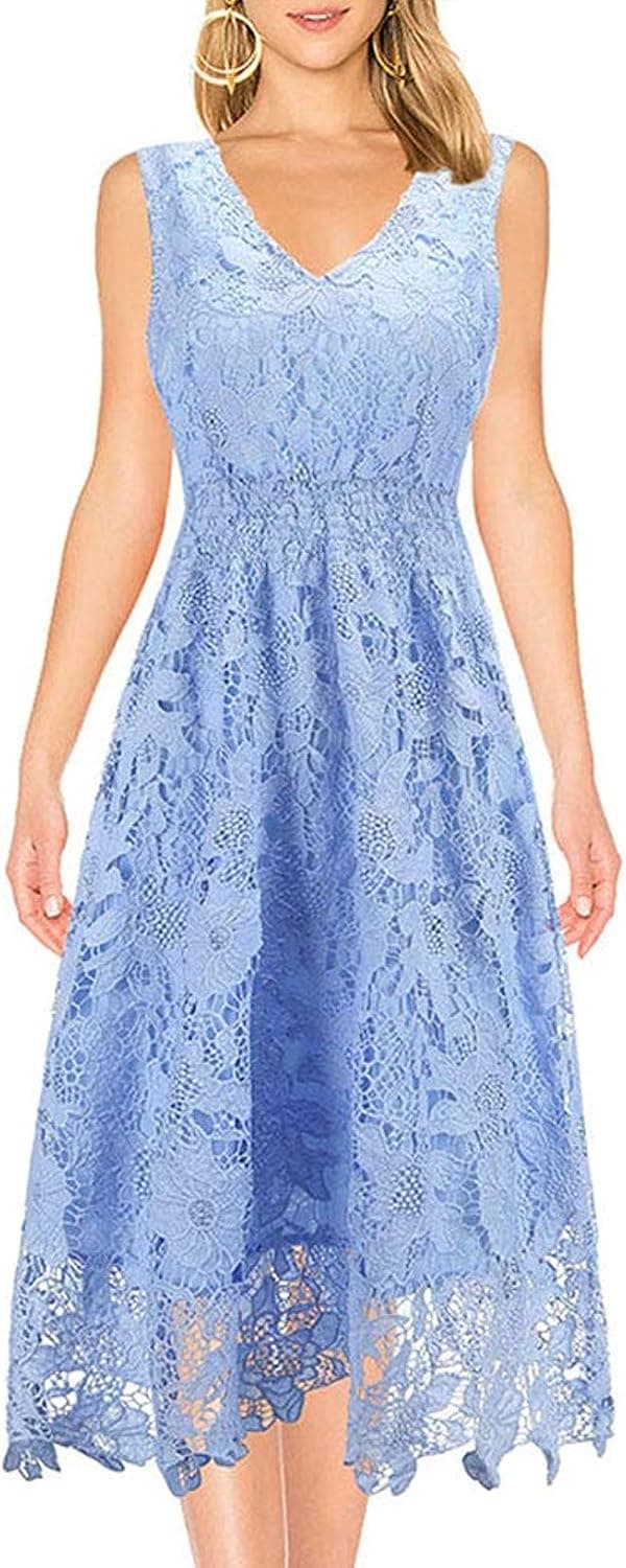 KIMILILY Women's Elegant Cocktail Bridesmaid Lace Dress Wedding Guest Dress V Neck Sleeveless