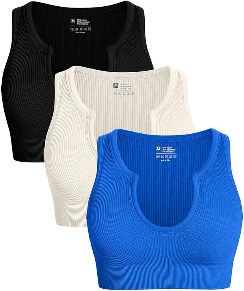 OQQ Women's 3 Piece Medium Support Crop Top Seamless Ribbed Removable Cups Workout Yoga Sport Bra