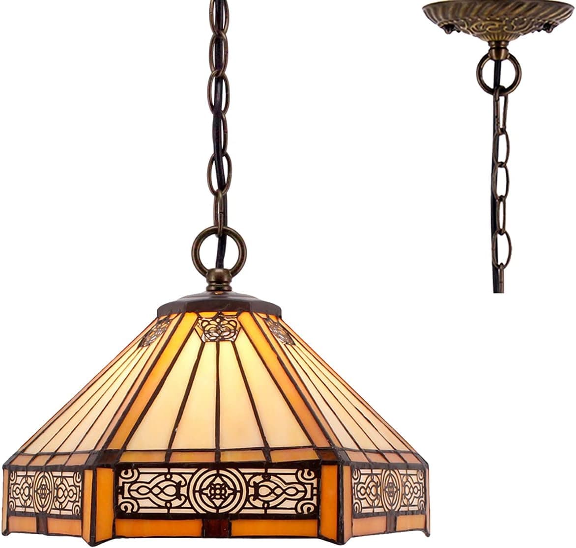 WERFACTORY Tiffany Pendant Light Fixture Yellow Hexagon Stained Glass 12 Inch Mission Hanging Lamp Wide 12 Inch Height 32 Inch S011 Series