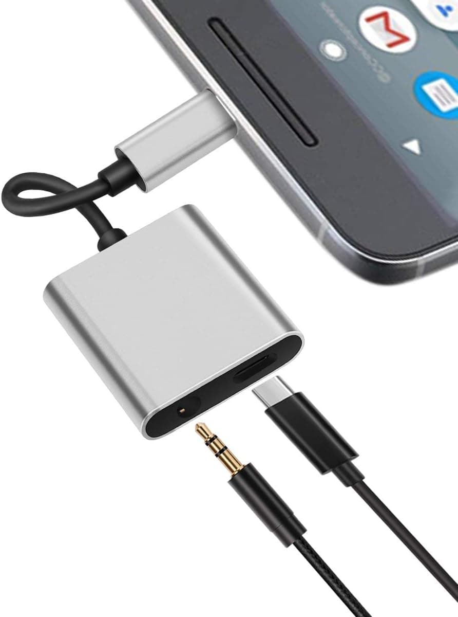 Pixel 2 Headphone and Charger Adapter, Autynie 2 IN 1 USB-C to 3.5mm Aux port with Type-C Fast Charging Port for Pixel 3/2/XL, New iPad, Essential Phone and More-Support DAC and Hi-Res Music (Silver)
