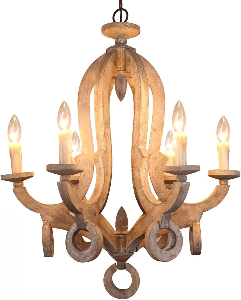 6-Light Rustic Farmhouse Wood Chandelier Elegant French Country Candle Wooden Chandelier Ceiling Light