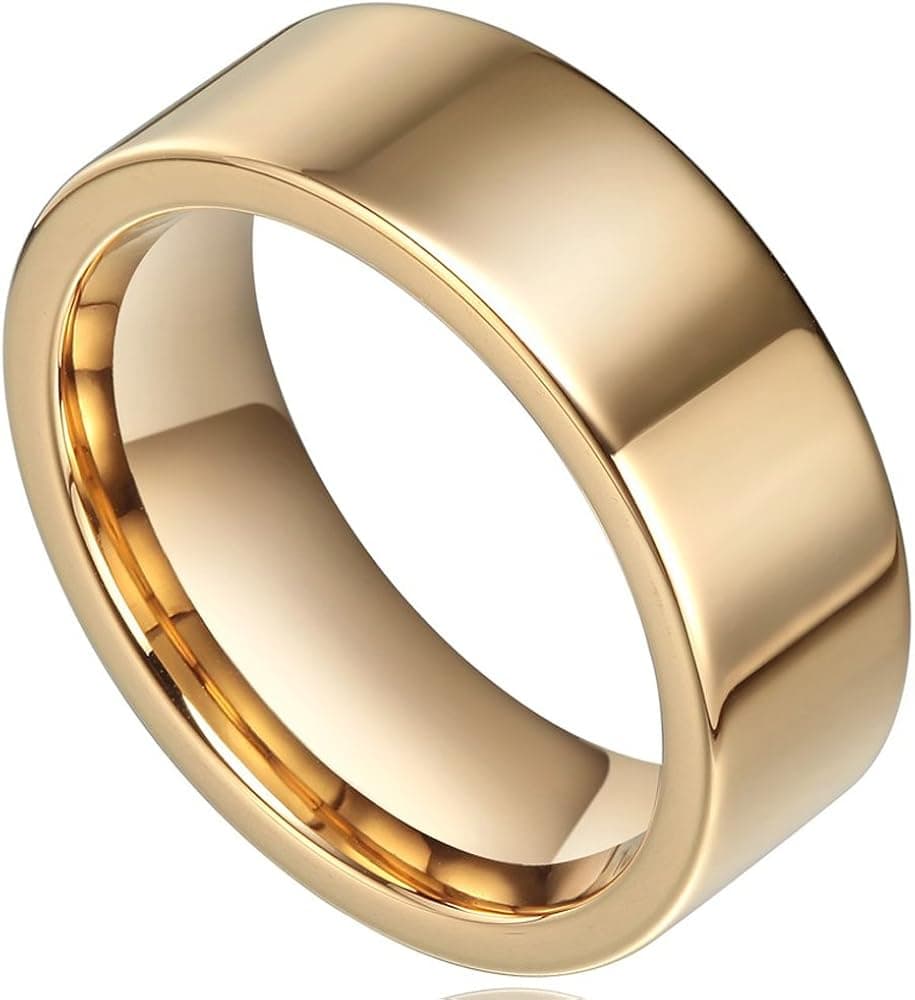 TIGRADE 8mm Plated Gold Flat Polished Plain Men's Tungsten Ring Comfort Fit