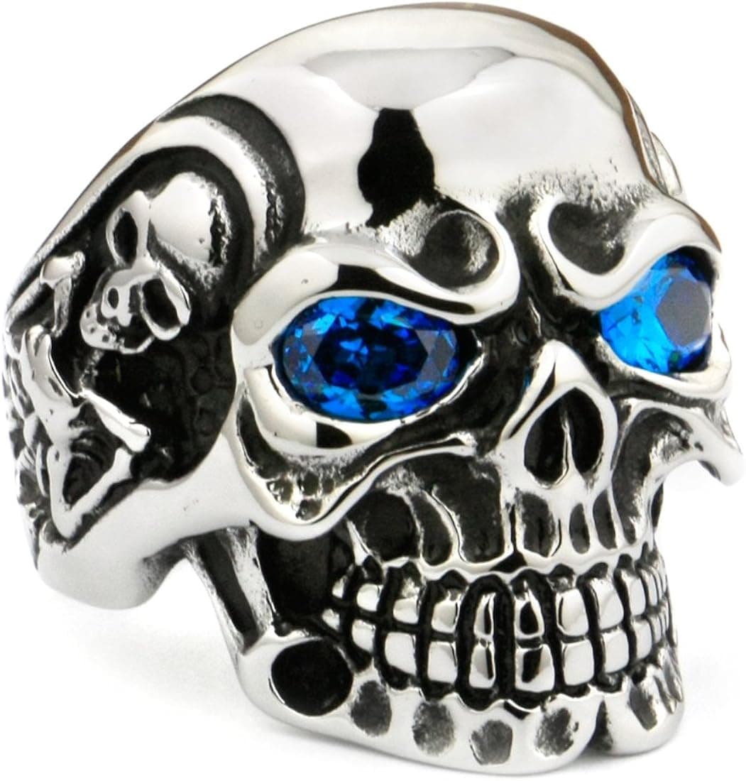 LINSION Vintage Skull Ring Stainless Steel Blue CZ Eyes Black Silver Tone Mens Jewerly 3A201