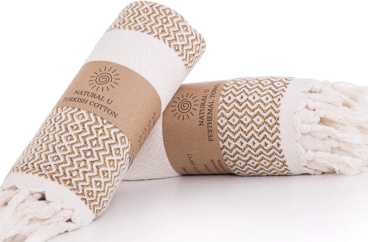 Natural U | Turkish Hand Towel Set of 2 | 100% Cotton, 16.5 X 37 Inches | Decorative Bathroom Peshtemal Towel for Hand, Face, Hair, Tea, Dishcloth, Kitchen, Bath and Farmhouse (Honey)