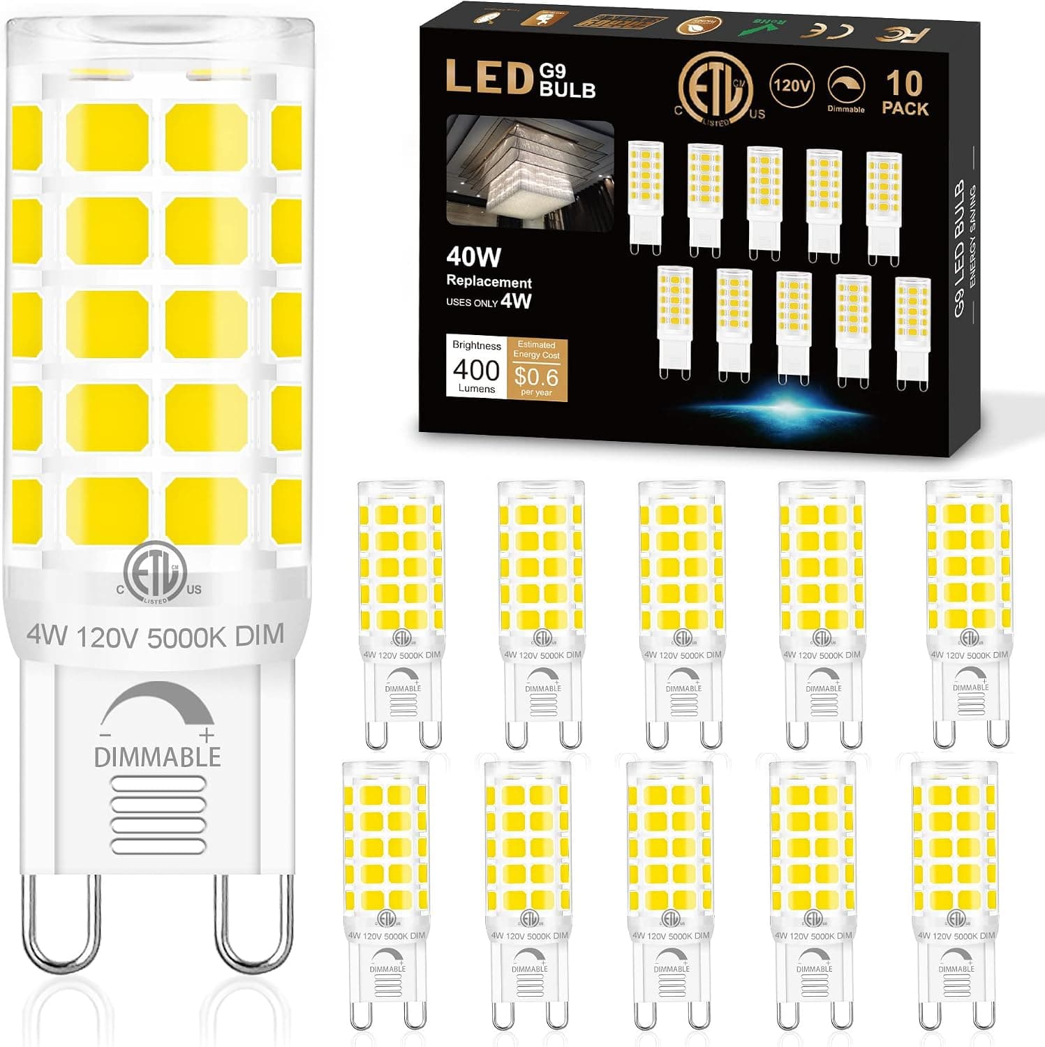 GOLSPARK 10 Pack Dimmable G9 LED Bulb 4W 5000K Daylight, G9 Led Light Bulb Ceramic Bi-Pin Base, 40W Halogen Bulbs Equivalent, Dimmable T4 Led Light Bulbs for Chandelier, AC 120V 400LM