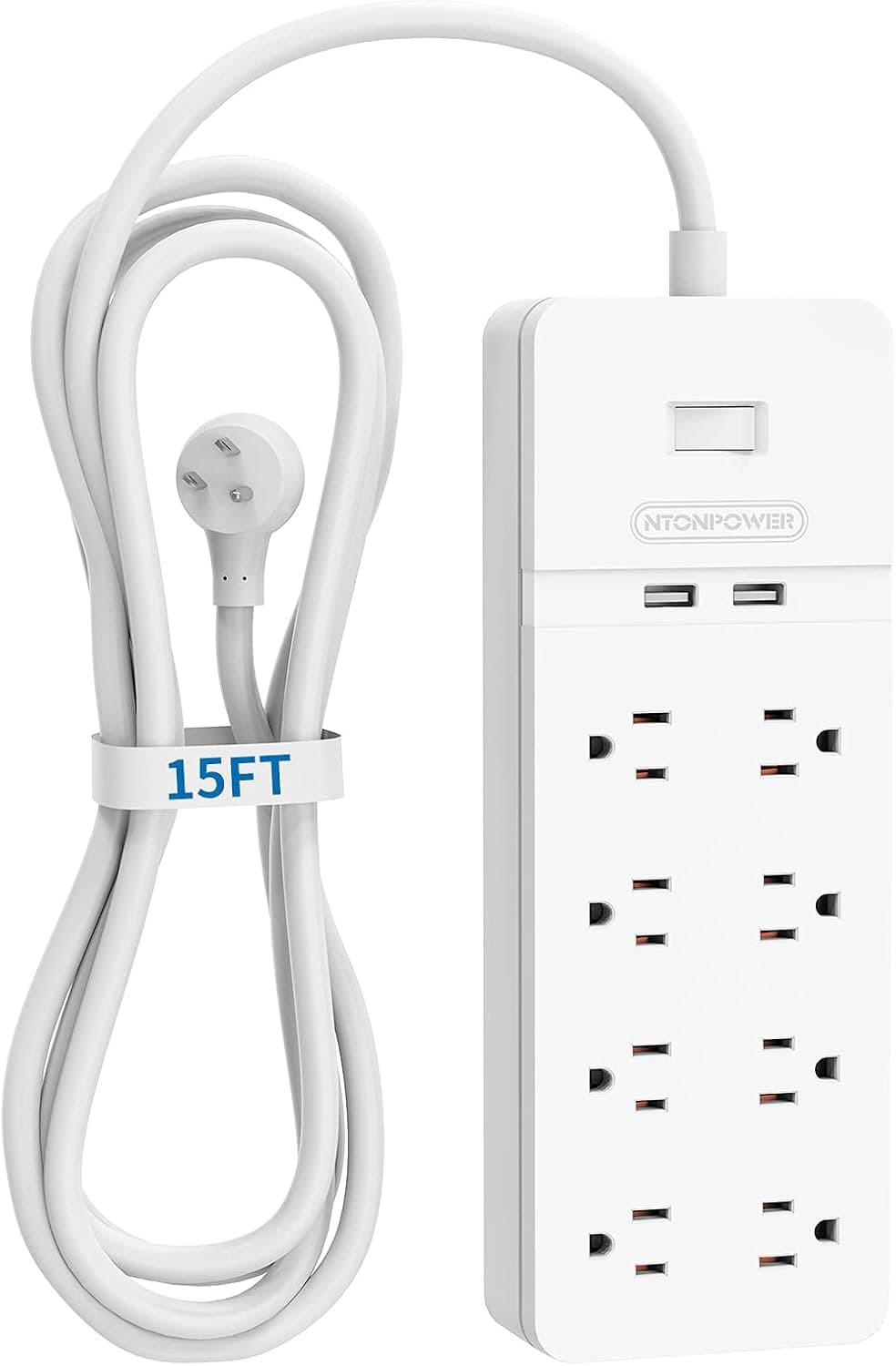Flat Plug Extension Cord 15Ft - NTONPOWER 8 Outlets Surge Protector Power Strip with 2 USB, Overload Protection, 1080 Joules, ETL Listed, 15A/1850W, Wall Mountable for Home Office and Workbench, White