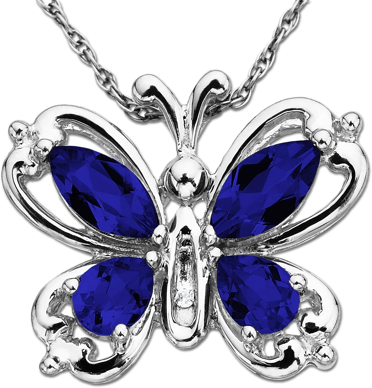Amazon Collection 10k White Gold Created Sapphire and Diamond Butterfly Pendant Necklace ( 0.003 cttw, I-J Color, I2-I3 Clarity), 18"