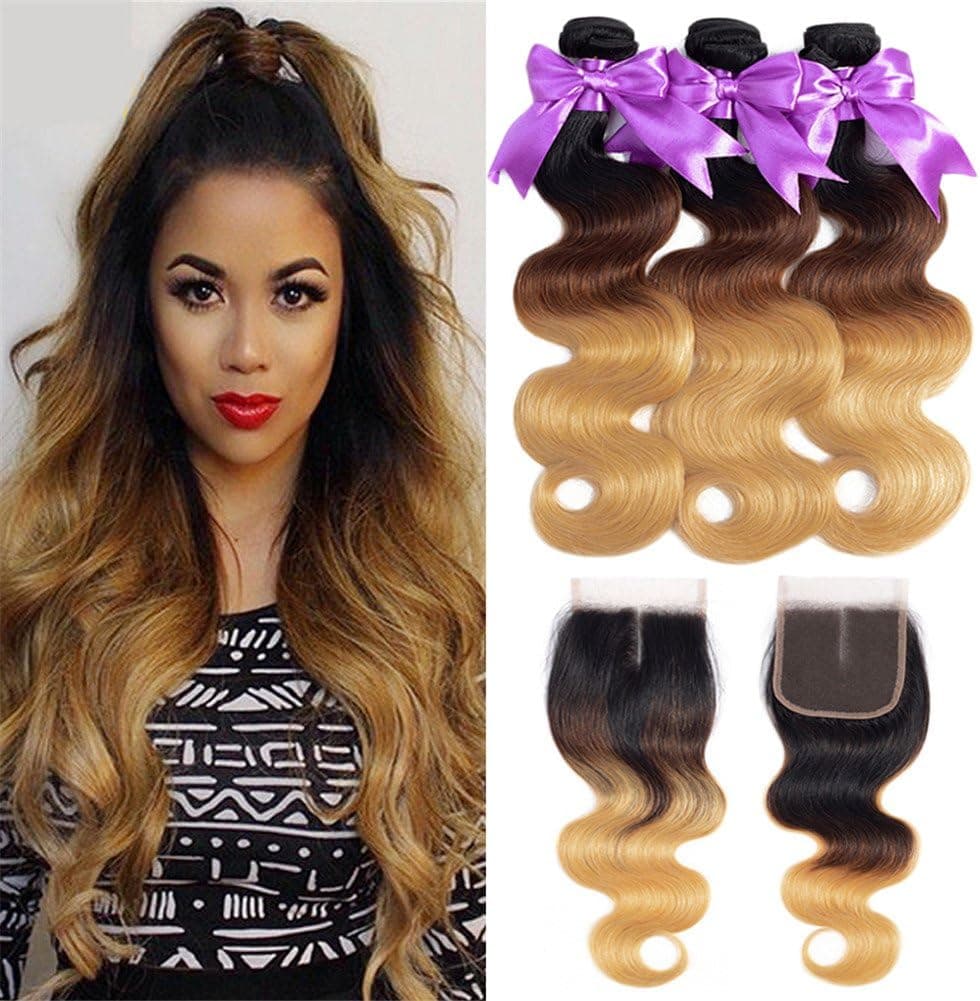 Ombre bundles with closure Brazilian Virgin Hair Body Wave Bundles with 4x4 Middle Part Lace frontal Closure Human Hair Weaves#1b/4/27 Color(14 16 18+12, 1b/4/27)