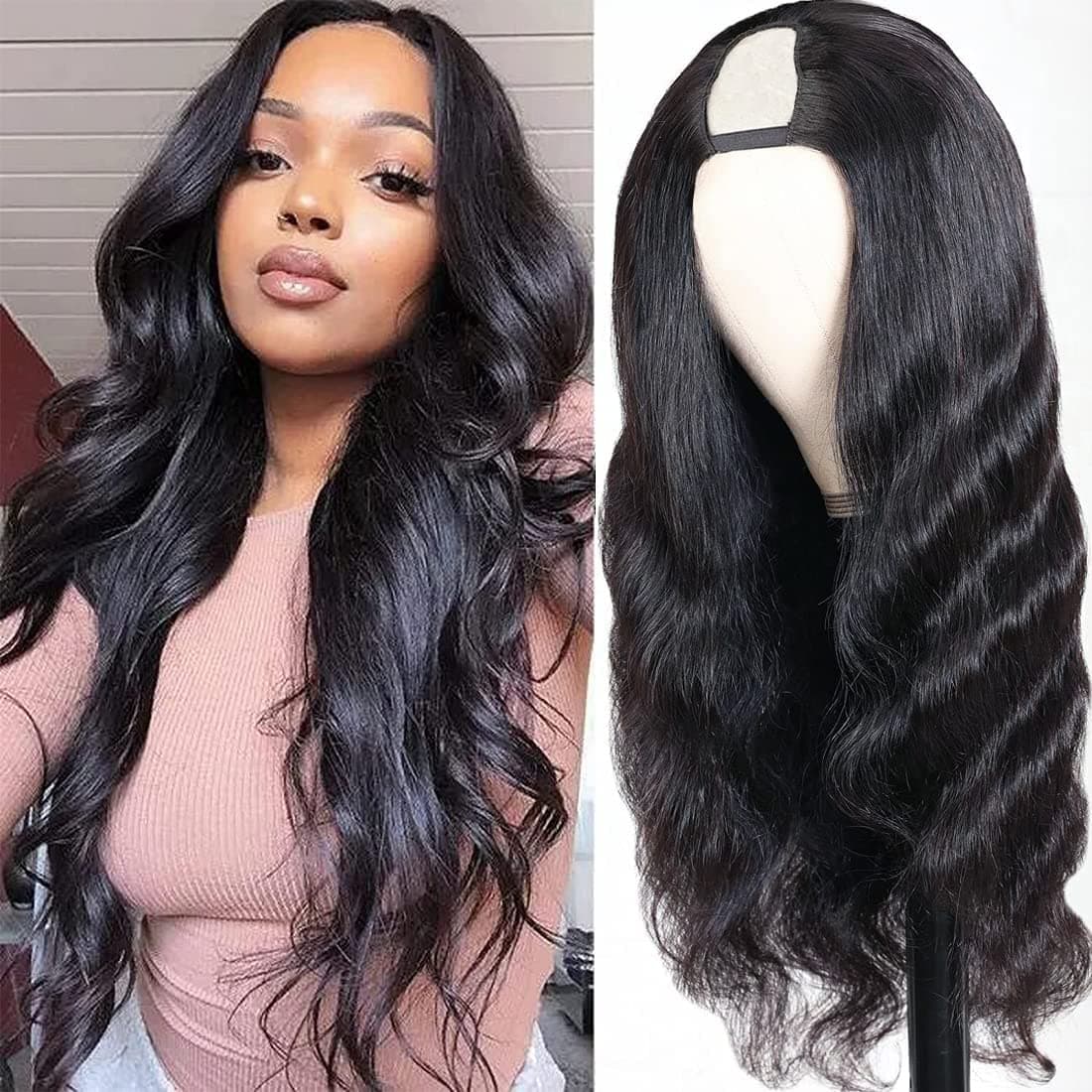 U Part Wig Human Hair 24Inch Body Wave None Lace Front Wig For Black Women 10A Brazilian 100% Unprocessed Virgin Body Wave Human Hair Glueless Full Head U Shape Clips in Half Wig 150% Density (Natural Black )