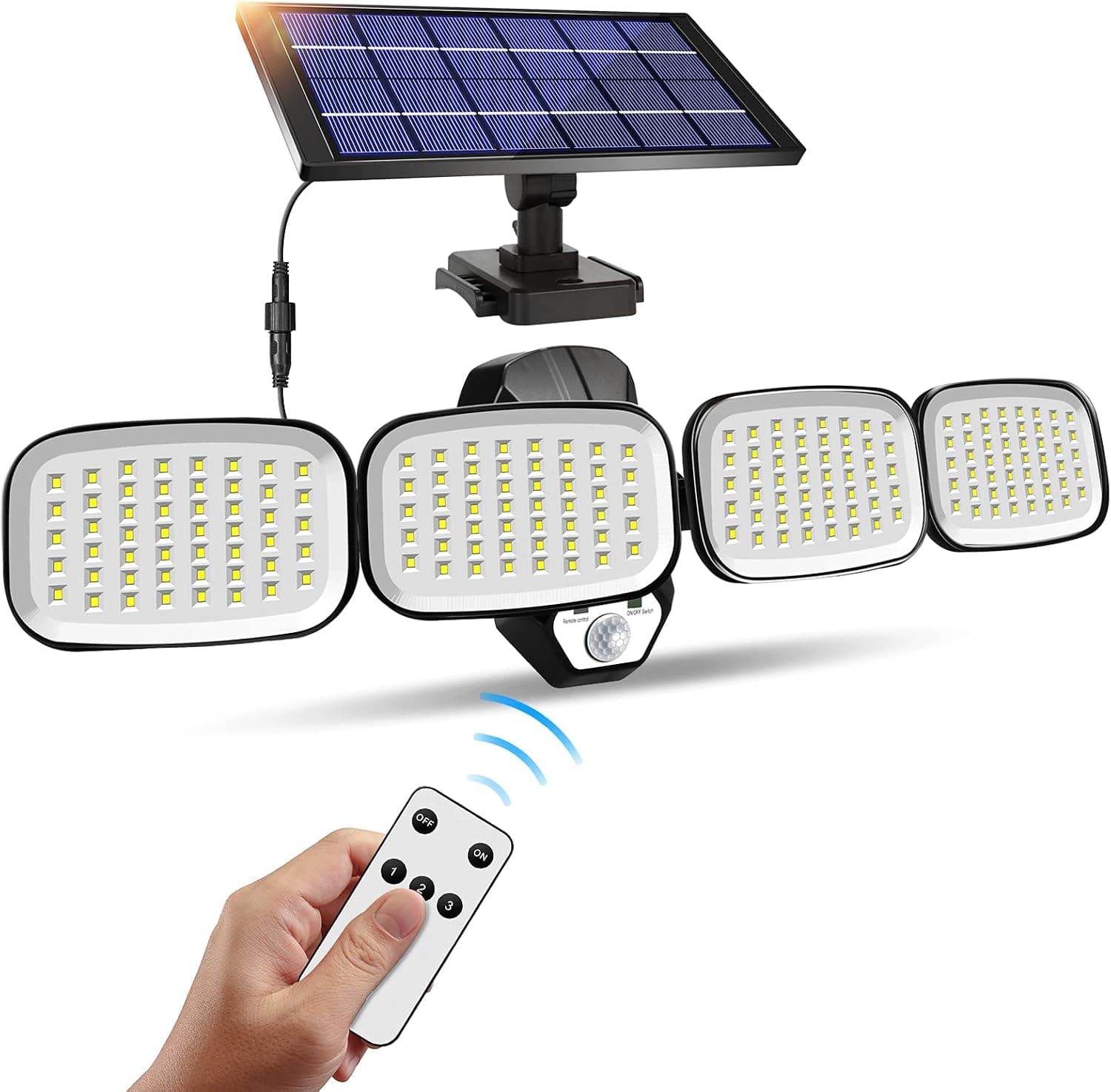 Solar Lights Outdoor,4 Head Adjustable Security Solar Lights Outdoor,200 LED Solar Motion Sensor Lights with Remote Control,IP65 Waterproof,270° Wide Angle