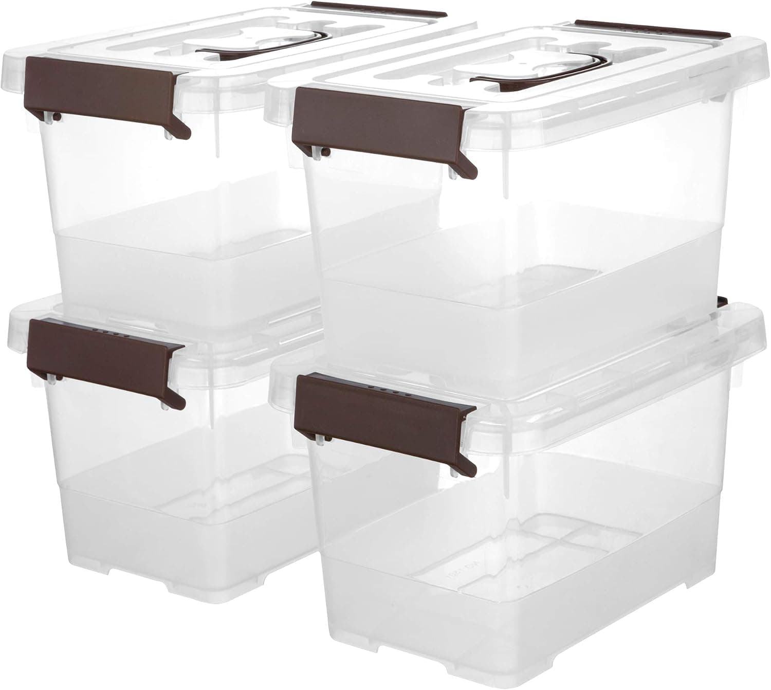 WYT 6 Quart Clear Storage Latch Bins, 4 Pack Clear Stackable Storage Organizer Box with Brown Latching Handle and Lid