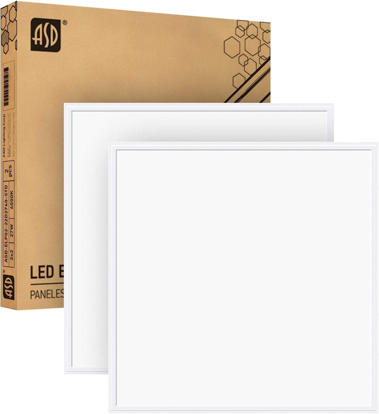 ASD 2x2 LED Flat Panel Light - Edge Lit Dimmable 27W 3005LM LED Light Fixture, 4000K (Bright White) Drop Ceiling Lights, Commercial Recessed Troffer Lighting Panels for Office, UL DLC, 2 Pack