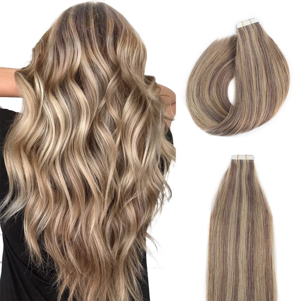 POEPORE Tape Hair Extensions Real Human Hair 20 PCS 50g Silky Straight Reusable Double-Side Glam Seamless Tape Hair Extensions 18 Inch Color P6-12 Highlight Chestnut Brown with Light Golden Brown