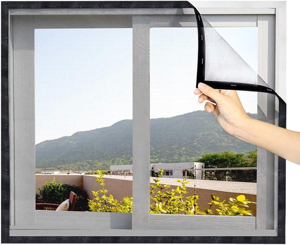 Loboo Idea Fiberglass Window Screen Netting Mesh Curtain, DIY Self-Adhesive Window Net Screen with Hook and Loop Sticky Tape, Fitted to Multiple Windows (100x100cm, Grey)