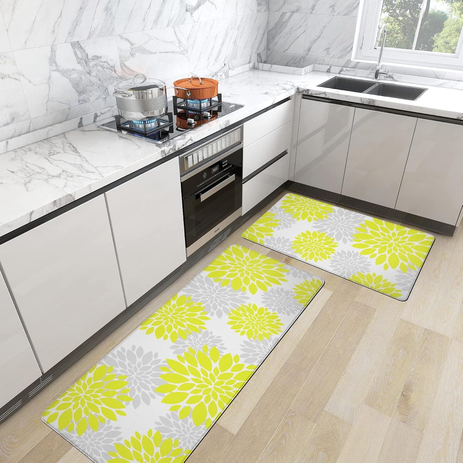 Modern Kitchen Rugs Anti-Fatigue Dahlia Flowers Kitchen Floor Mat Padded PVC Leather Heavy Duty Waterproof Comfort Standing Runner Rugs, Yellow, 17.3x28+17.3x47 inch