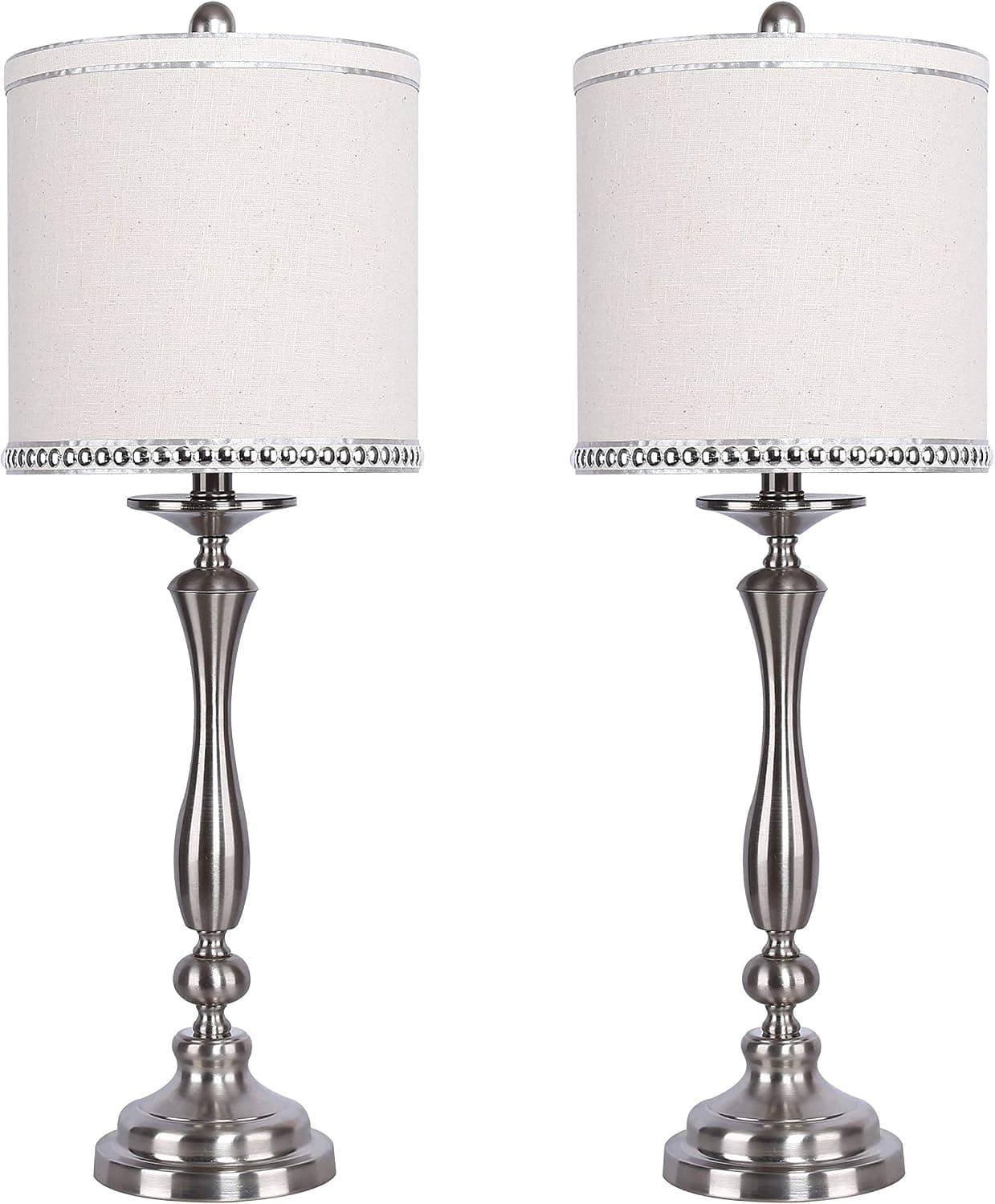 Grandview Gallery 29" Modern Brushed Nickel Metal Table Lamp Set ft. Balustrade Design and Natural Linen Shades with Silver Silk-Edged Chrome Nailhead Trim - Glam Lighting for Any Room (Set of 2)