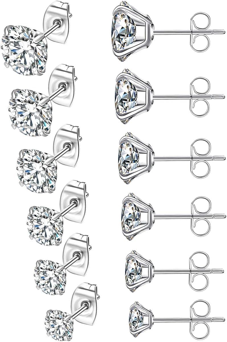 6 Pairs Stud Earrings Cartilage Earrings for woman 3/4/5/6/7/8mm Round Stainless Steel Earrings Studs with AAAAA+ Cubic Zirconia
