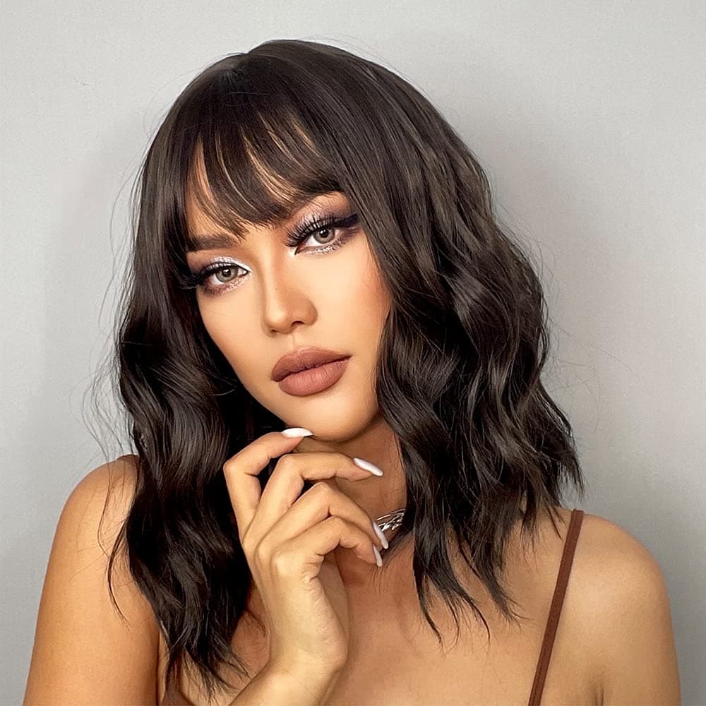 TUZHU Natural Wavy Wig Short Bob Wigs With Air Bangs Shoulder Length Women's Short Wig Curly Wavy Synthetic Cosplay Wig for Girl Colorful Costume Wigs (brown 15in)