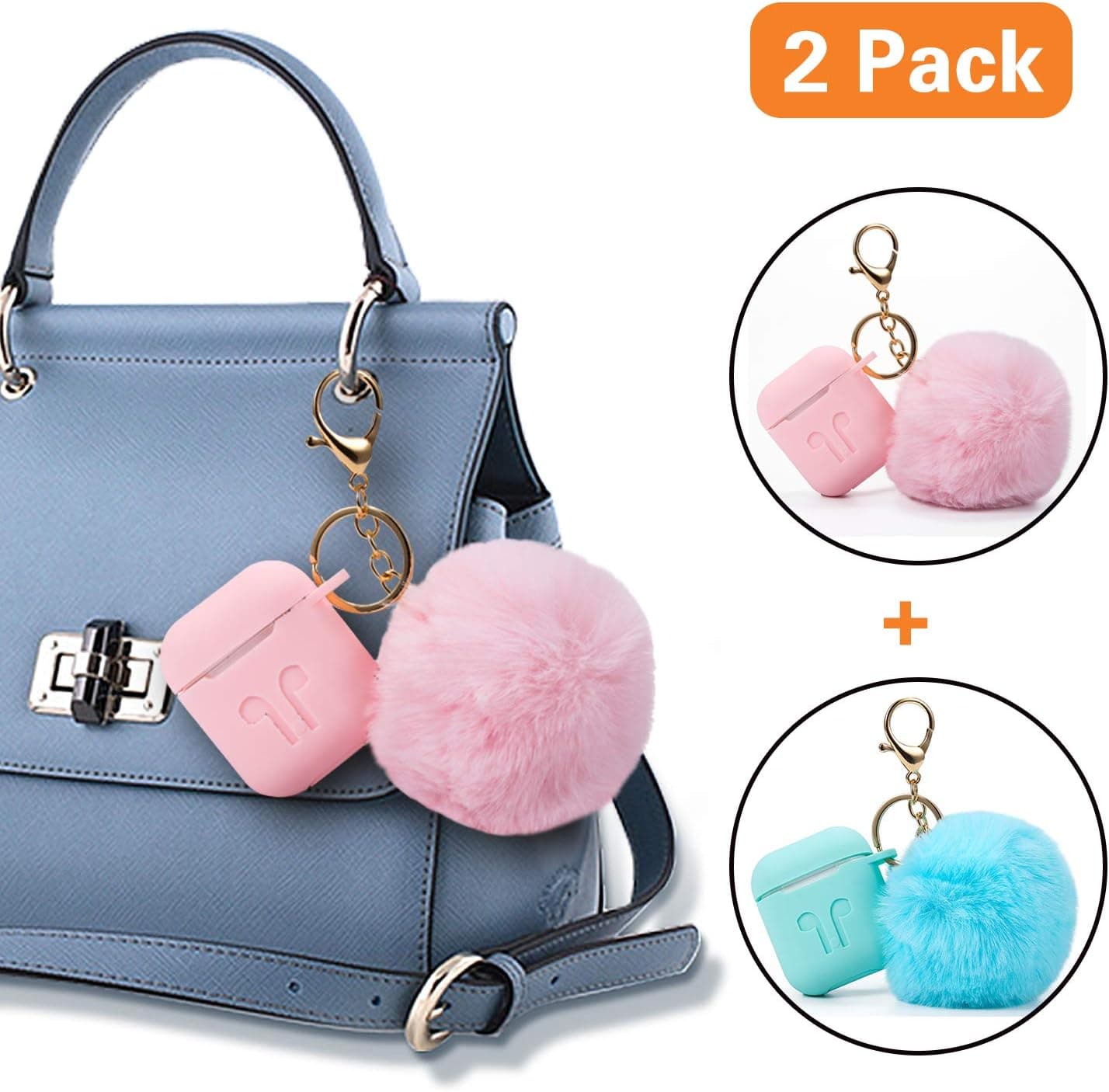 Compatible Airpods 1 & AirPods 2, Drop-proof Silicone Airpods Protective Case Cover with Soft Cute Faux Fur Ball Keychian and Portable Carrying Earpods Strap for Aipods Chrging Case 1 & 2 (2 pack)
