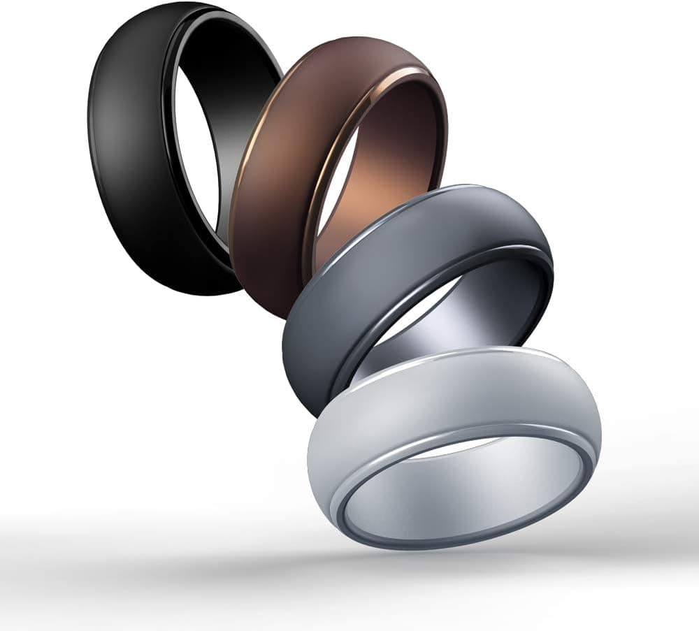 Cabepow Silicone Wedding Ring for Men, 4 Packs & Singles Silicone Rubber Wedding Bands - Step Edge Sleek Design/Scaly Design - Metallic, Black and Camo Colors-Size 9 10 11 12 13