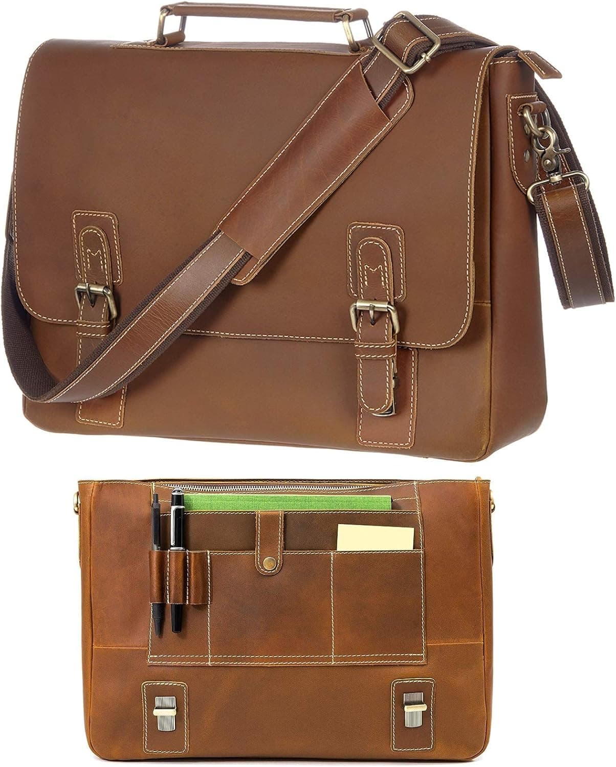 16" Messenger Bag For Men Genuine Leather Vintage Satchel Briefcases RFID Protection Computer Laptop Bag