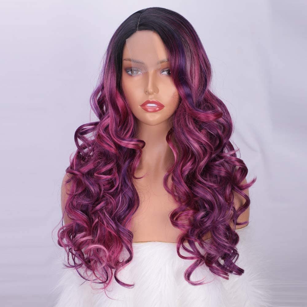 AISI QUEENS Long Purple Wig Wavy Cosplay Costume Wigs for Women Synthetic Side Part Wig Heat Resistant Halloween Wigs Mixed Color(22 inches)