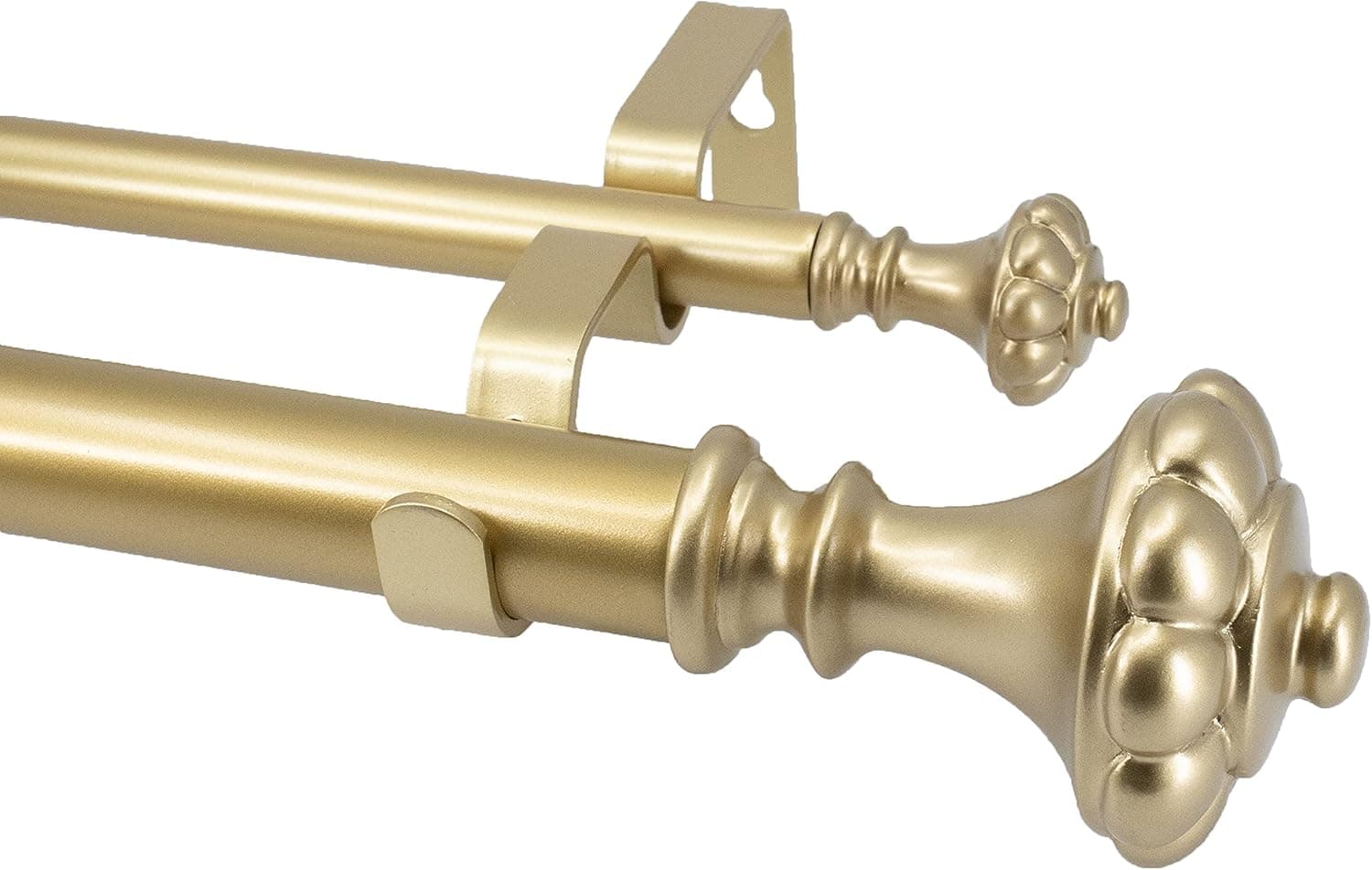 Meriville 1" Diameter Telescoping Double Window Treatment Curtain Rod, 48" to 84", Chateau Urn Finials, Royal Gold Finish