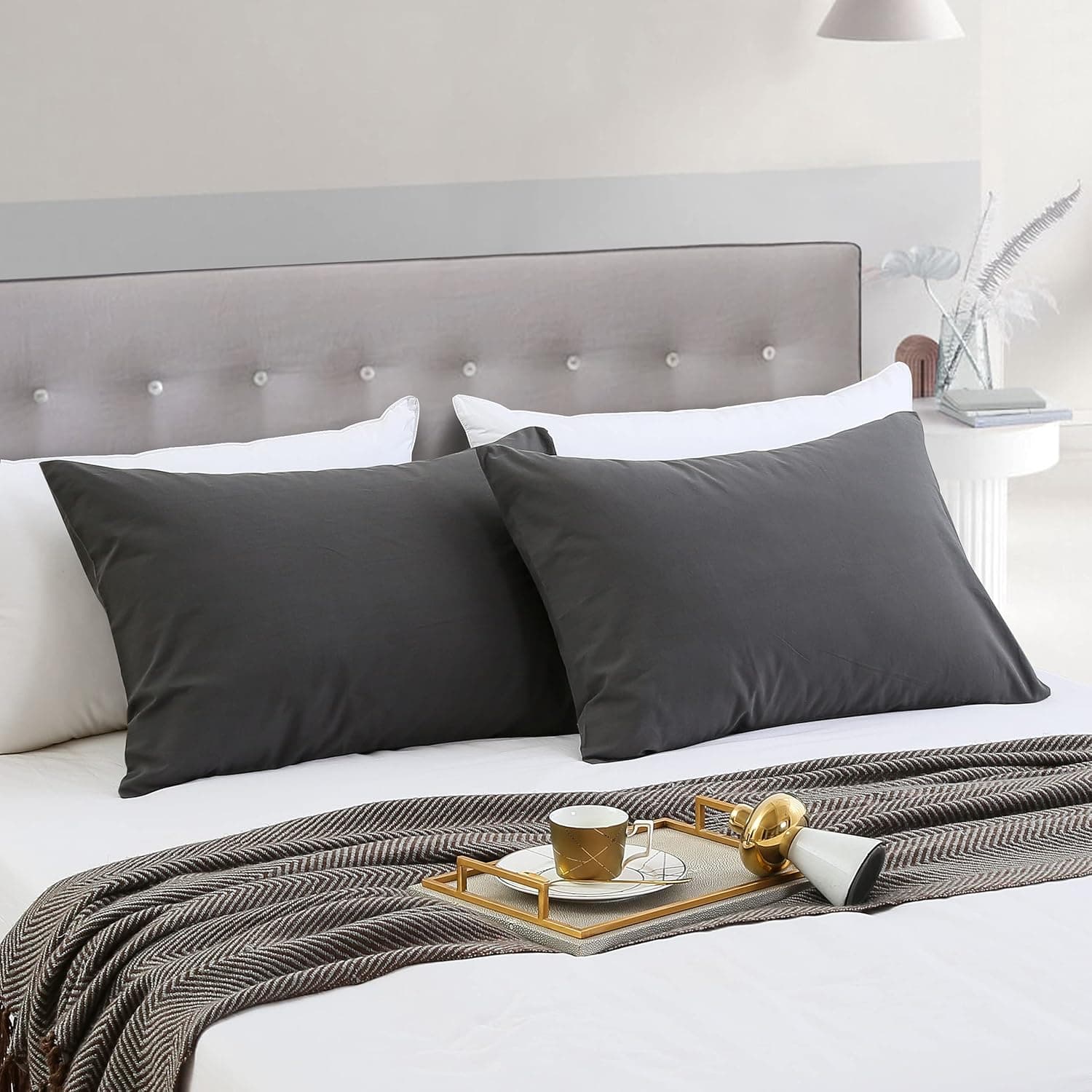 Ventidora 100% Washed Cotton Grey Pillowcase King Size 2 Pack 20x36 inches,Luxury Soft and Comfortable,Anti-Wrinkle, Anti-Fading,Stain Resistant-Pillow Cases Set of 2 with Straight-Tube Closure