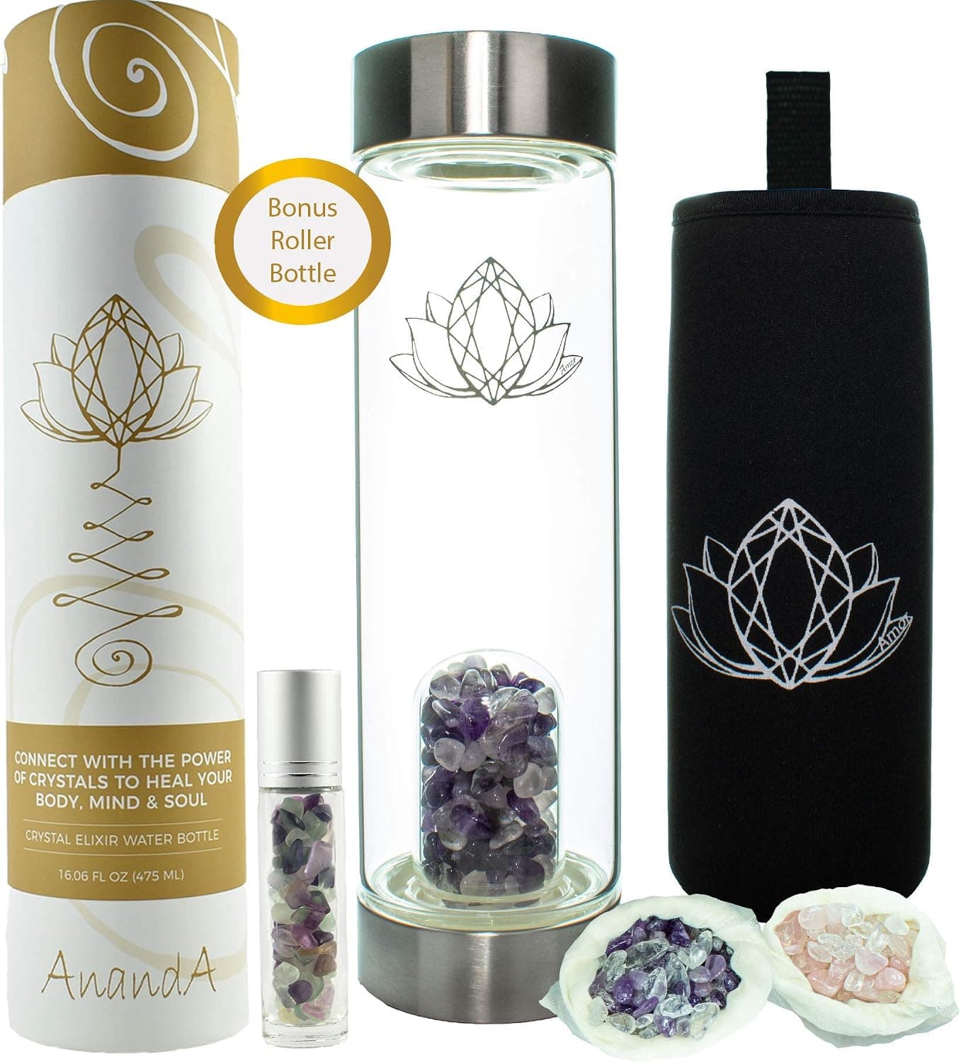 Ananda Crystal Water Bottle - Elixir Gem Infused Healing Water -16 oz - Bonus Roller Bottle with Fluorite Crystals & Neoprene Sleeve - Includes Amethyst, Rose and Clear Quartz