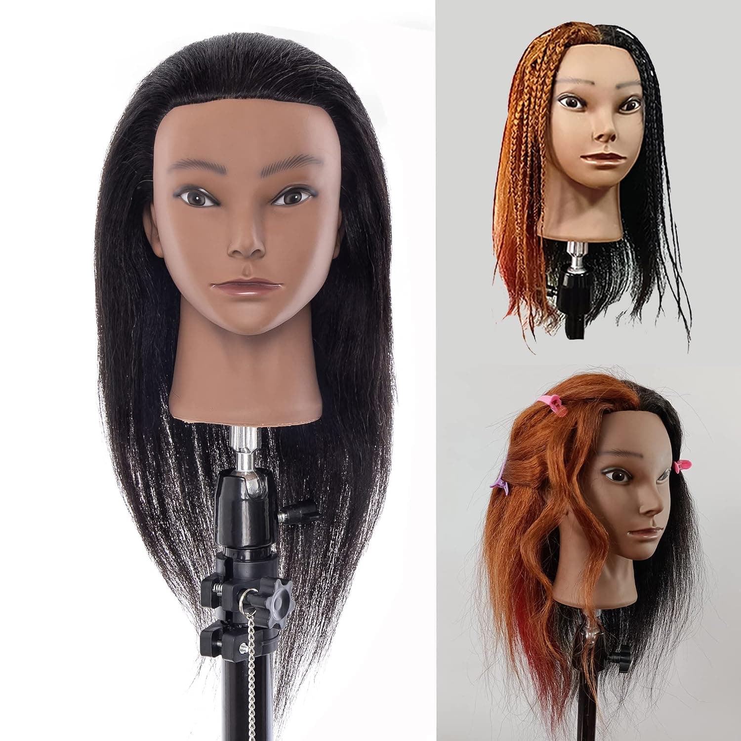 Ruilong Female Mannequin Training Head 100% Real Hair with Stand Manikin Head Practice Styling Braiding Styling Curling Doll Head (14 inch), black