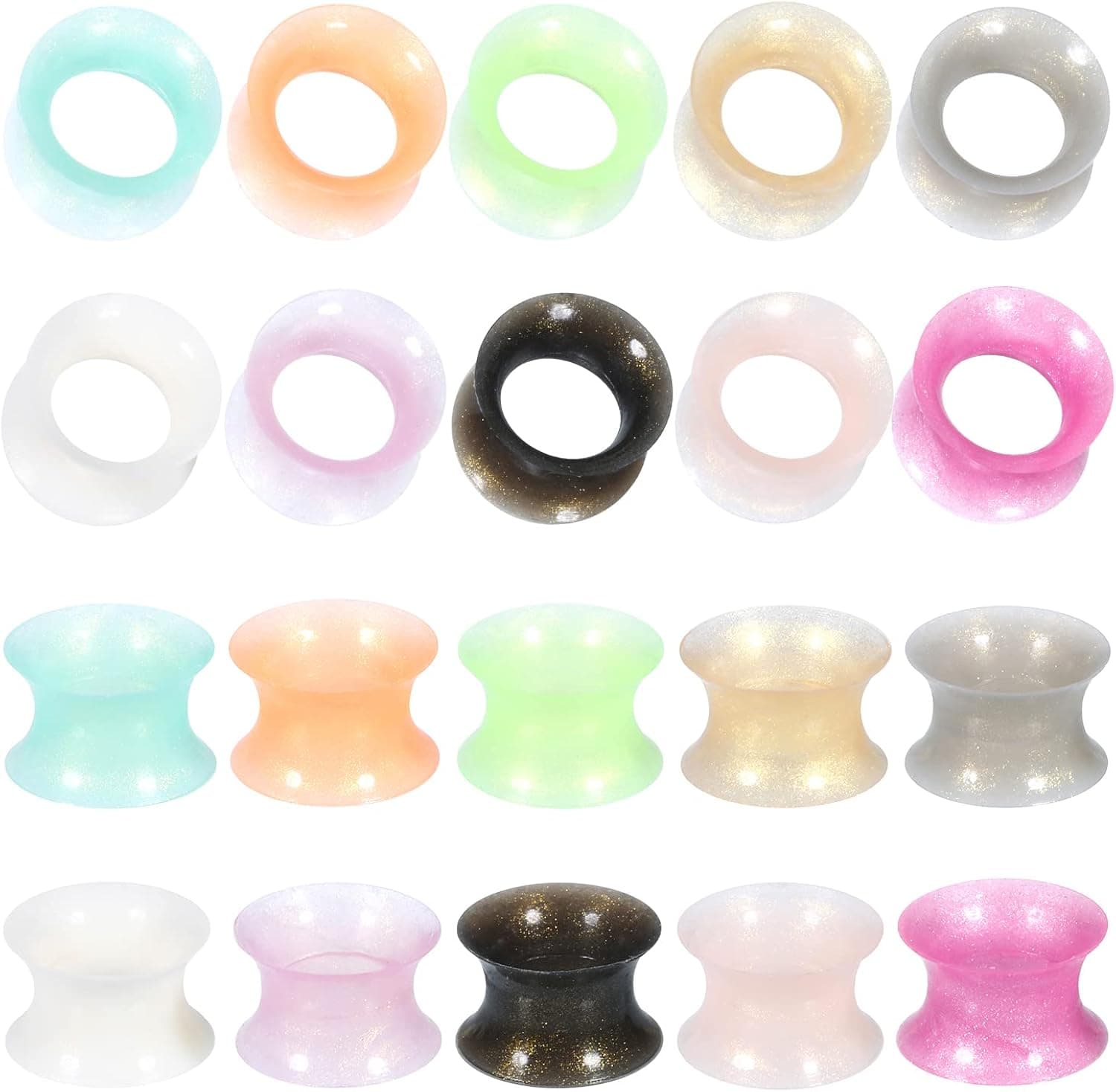 Oveta 10Pairs Soft Silicone Ear Tunnels Flexible Ultra Thin Ear Gauges Tunnels Plugs Gold Glitter Double Flared Flesh Ear Gauge Stretchers Expanders Ear Earlets Gauge for Ears