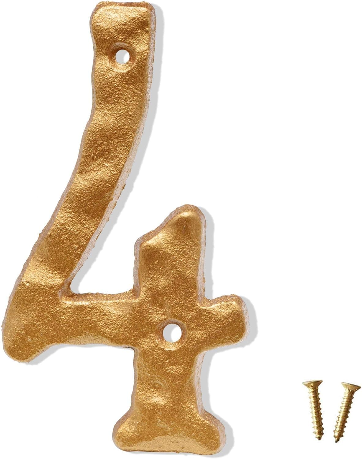 6 Inch House Numbers, Heavy Duty Rustic Cast Iron Metal Home Address Number with Unique Hammered Appearance, Golden, Number 4