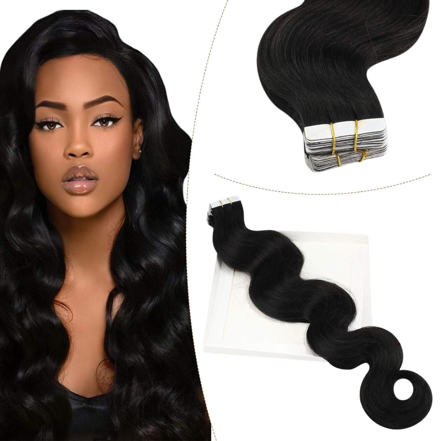YoungSee Tape in Hair Extensions Wavy Human Hair Natural Black for Women Real Human Hair Tape in Extensions Body Wave Tape in Human Hair Extensions 20pcs 50g 20inch