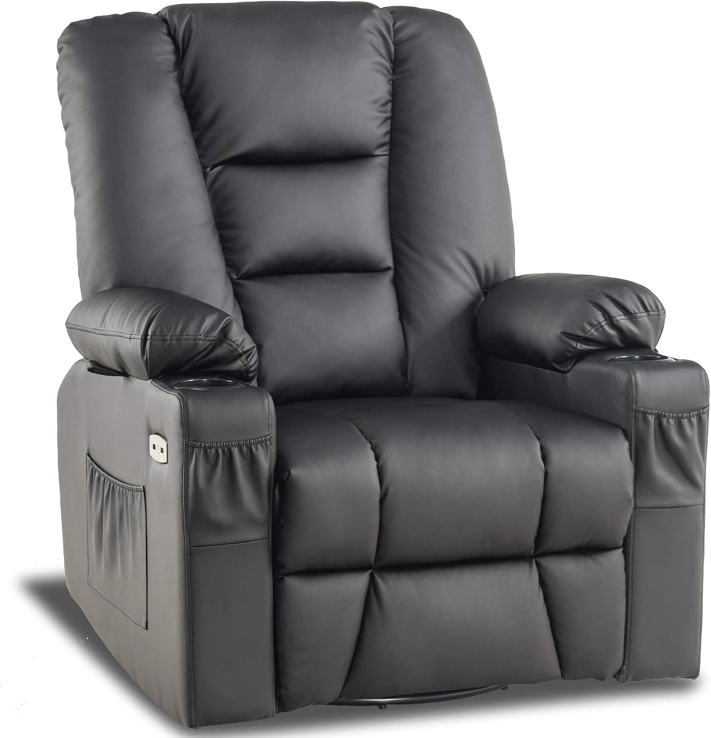 MCombo Manual Swivel Glider Rocker Recliner Chair with Massage and Heat for Nursery, USB Ports, 2 Side Pockets and Cup Holders, Durable Faux Leather 8036 (Black)