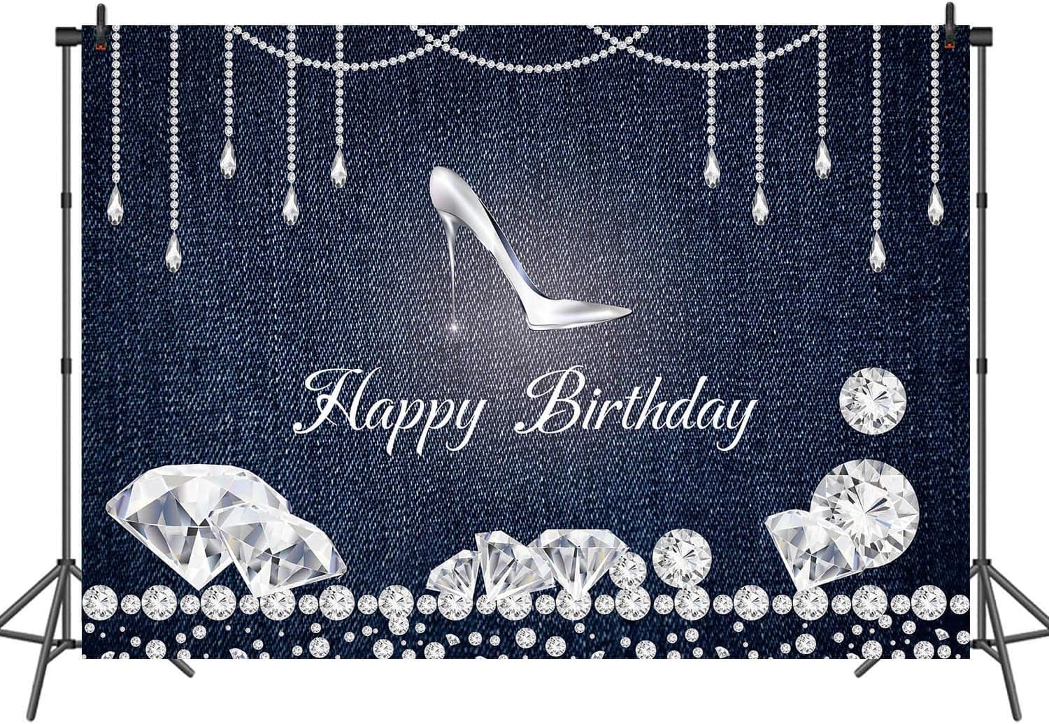 RUINI Denim and Diamonds Theme Birthday Party Backdrop High Sliver Heel Elegant Women Party Decorations (8x6FT)
