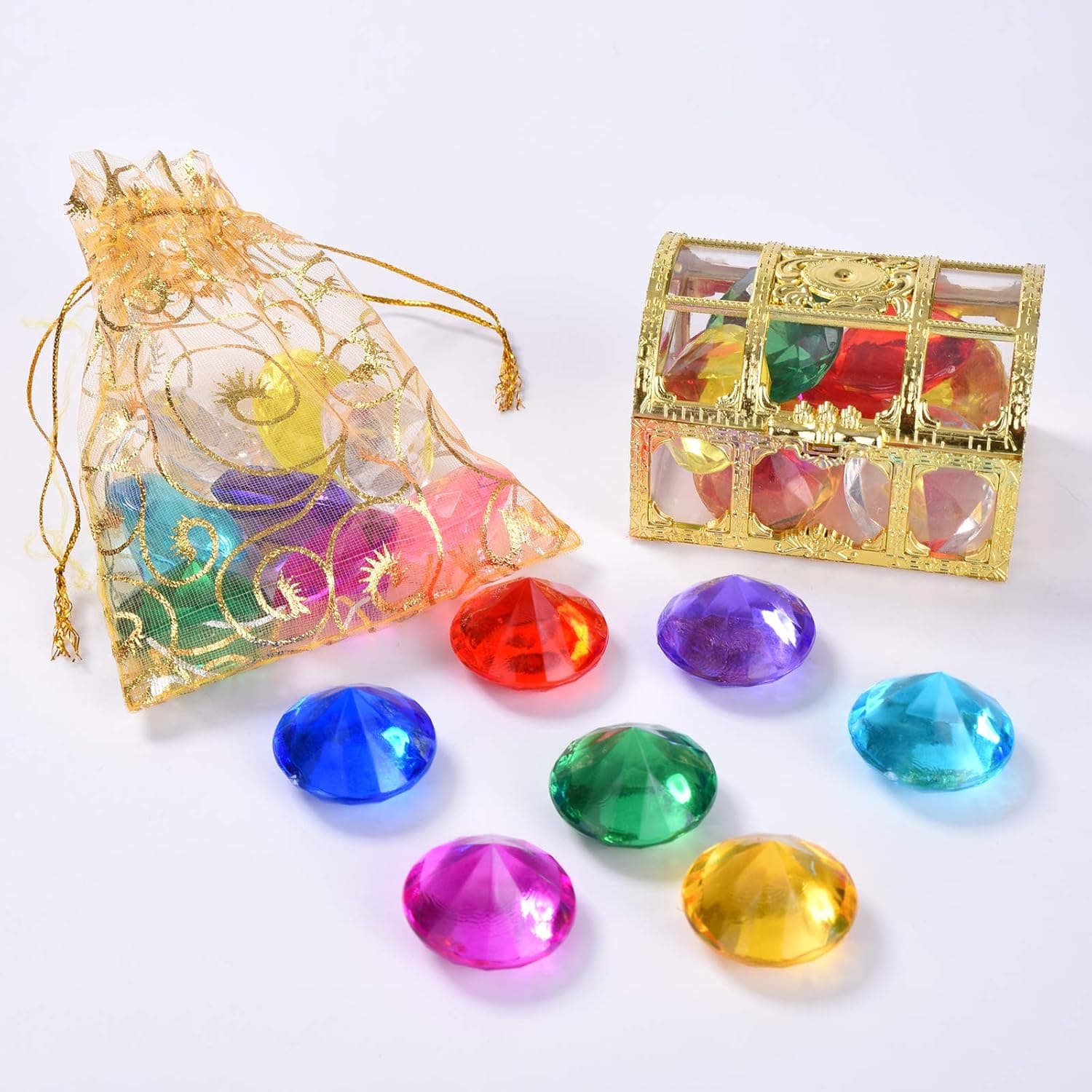 Hercugifts Diving Gem Pool Toy 9 Diamond Set with Treasure Pirate Box and Golden Mesh Bag Summer Swimming Gem Pirate Diving Toys (Golden)