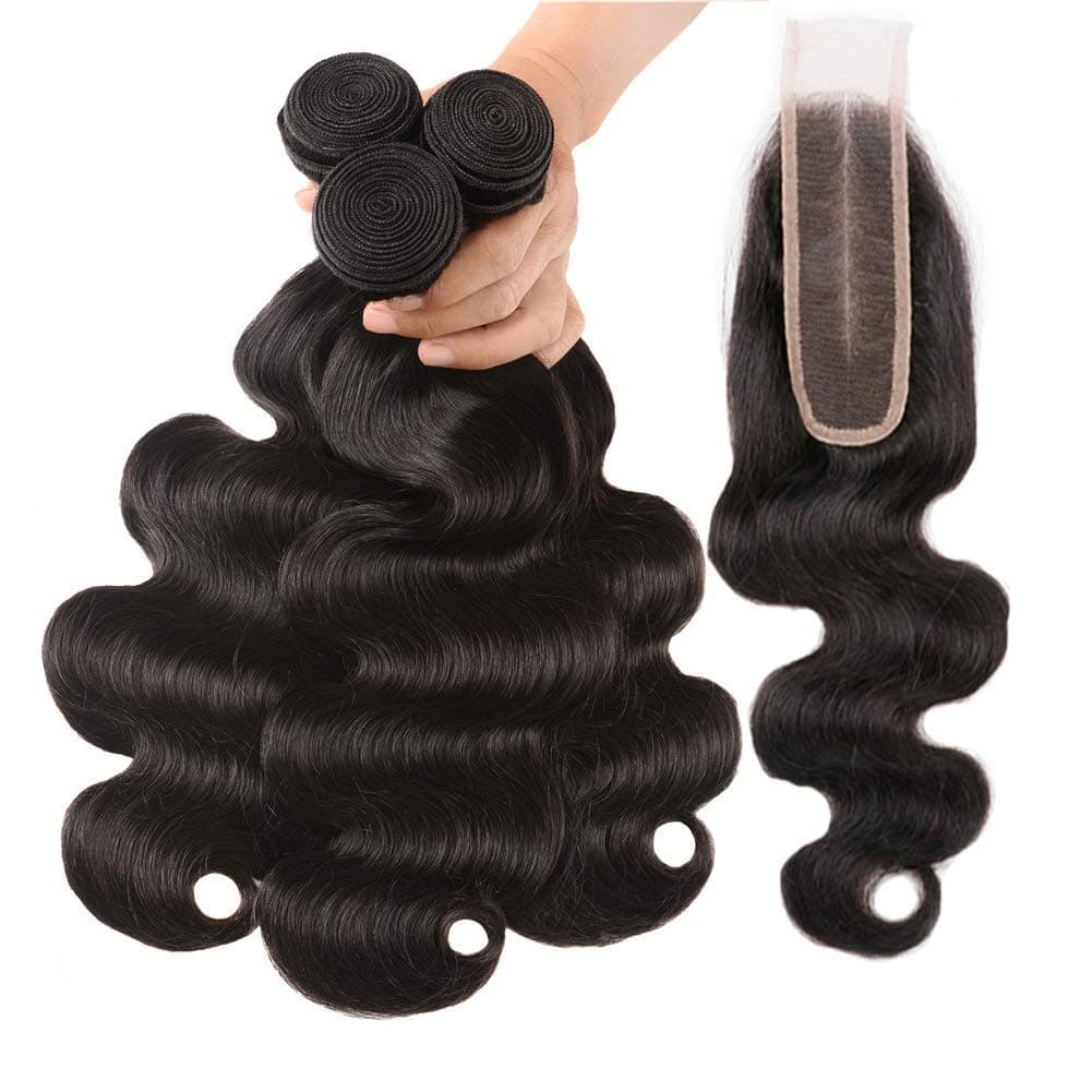 GZAmber Brazilian Human Hair Body Wave Bundles with 2x6 Middle Part Lace Closure Short Weave 3 Bundles Unprocessed Virgin Hair Mixed Length for Full Head Hair Extensions Weft Natural Color (141618+10)