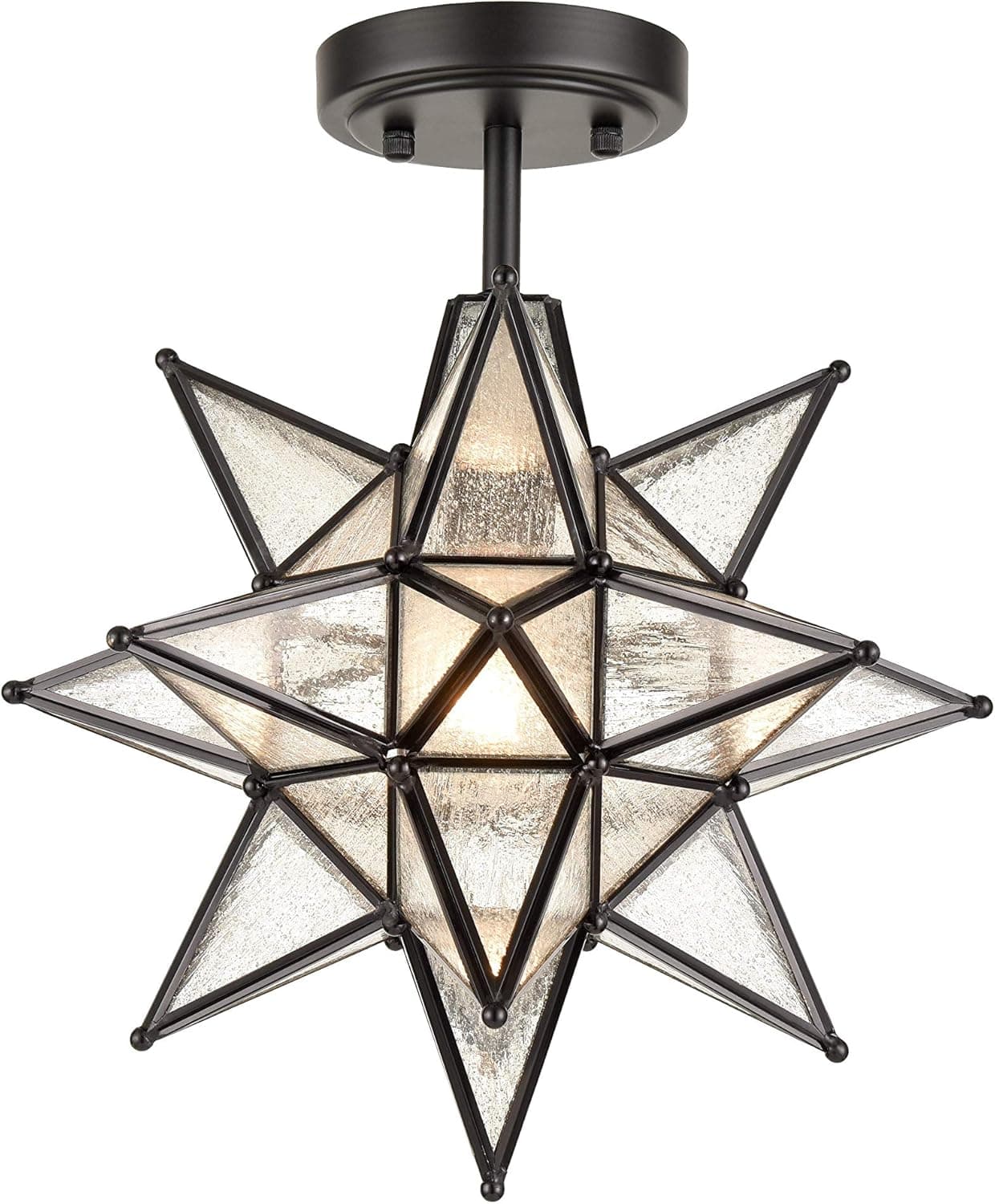 HYDELITE Moravian Star Light Semi Flush Mount Ceiling Light Fixture with Seeded Glass | Shade Black Metal Finish| 13 Inches | Entryway, Hallway, Bedroom, Kitchen Art Deco Lights