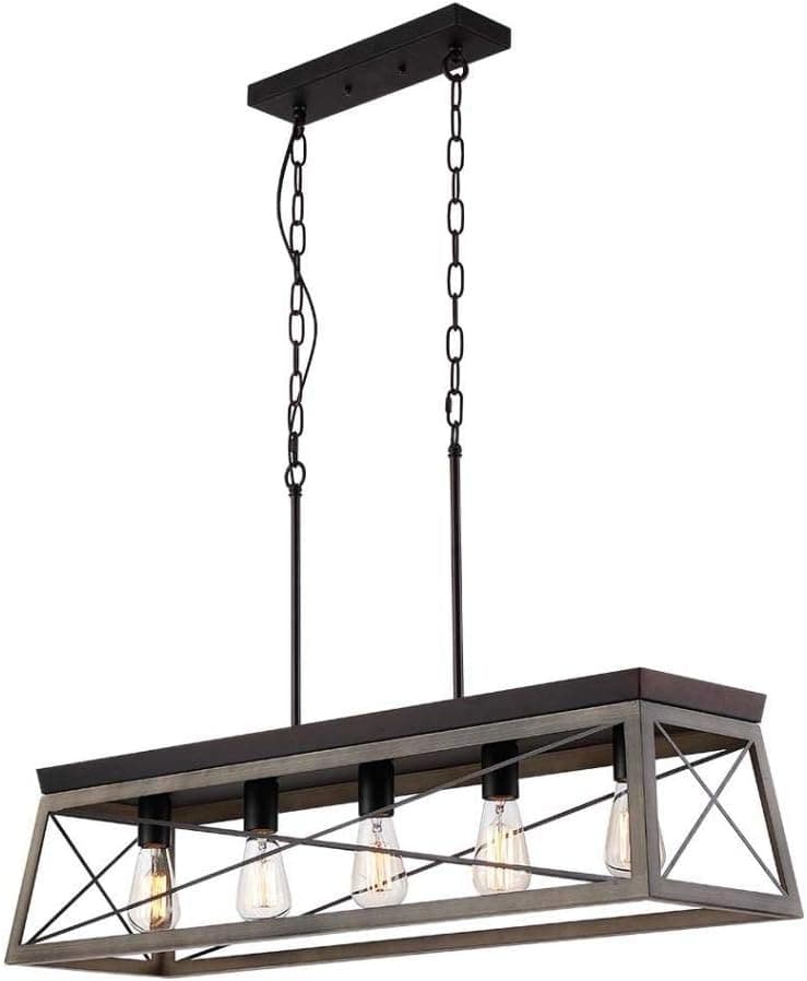 5 Light x 35.6 Inch Antique Bronze Linear Title: Chandelier X-Brace Design Wood-Look Open Frame Barn Farmhouse Dining Room, Kitchen in Coastal, Craftsman, Rustic, Urban Industrial