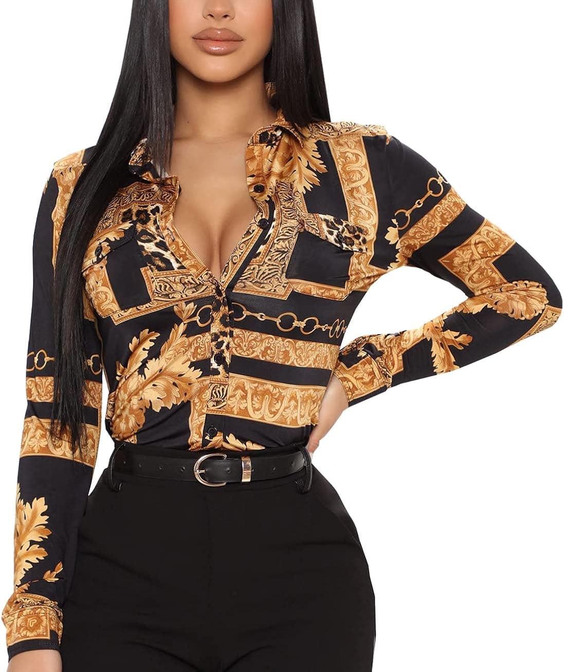BessCops Buchona Outfits Blouses for Women Fashion 2023 Dressy Long Sleeve Button Down Shirts Tops,S-2XL