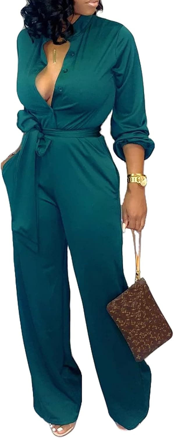 Yiershu Women's Sexy V Neck Jumpsuits Elegant Long Sleeve Button Down Straight Long Pants Business Romper With Pockets Belt