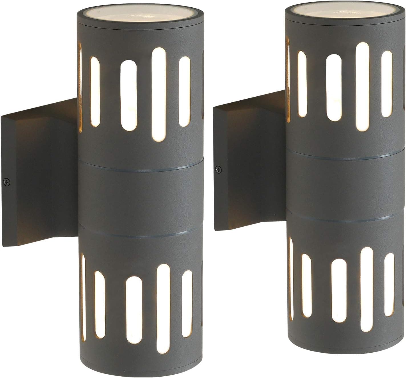 LMS Modern Cylinder Outdoor Wall Light Fixture, Aluminum Waterproof Exterior Wall Sconce, 2 Pack, Sanded Dark Gray Finish, Clear Tempered Glass, WL6