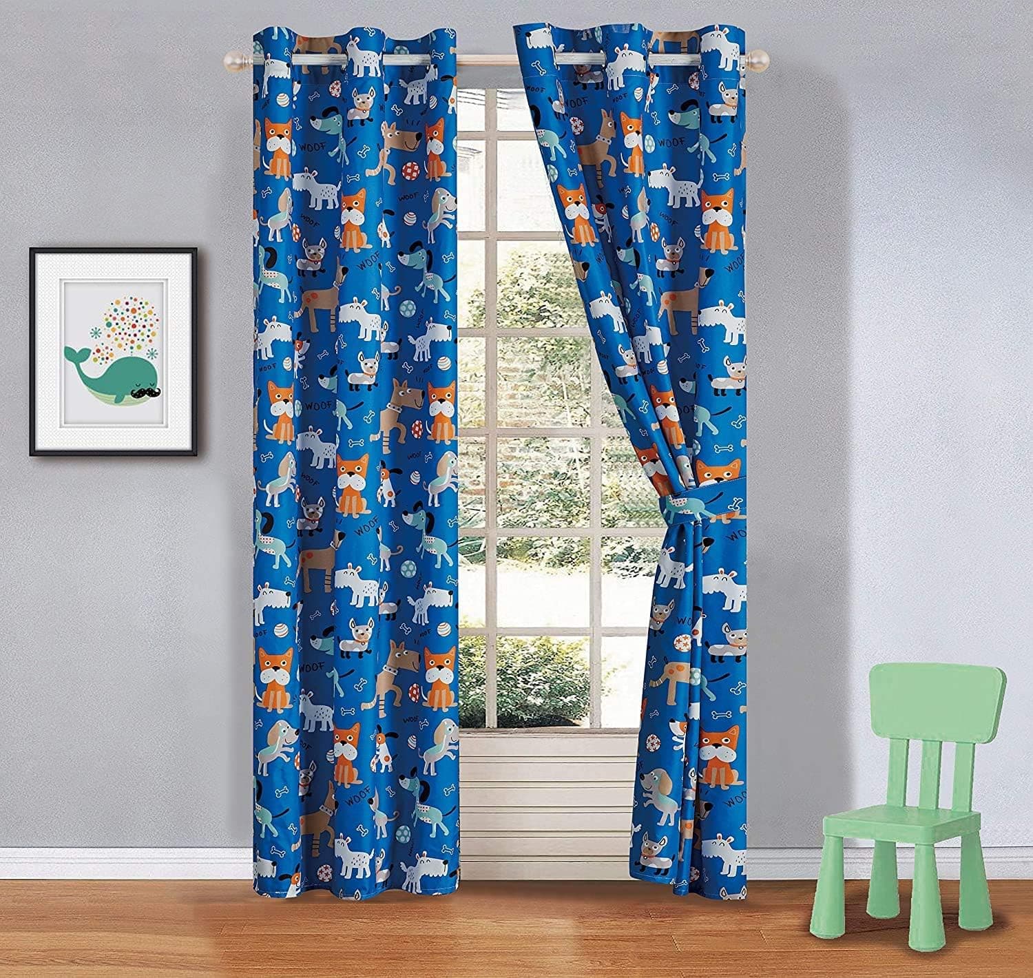 Better Home Style Playing Puppy with Woof Woof Wagging Dogs Pups and Puppies Printed Boys Toddler Kids Room Window Curtain Treatment Drapes 2 Piece Set with Grommets (Blue Dog)