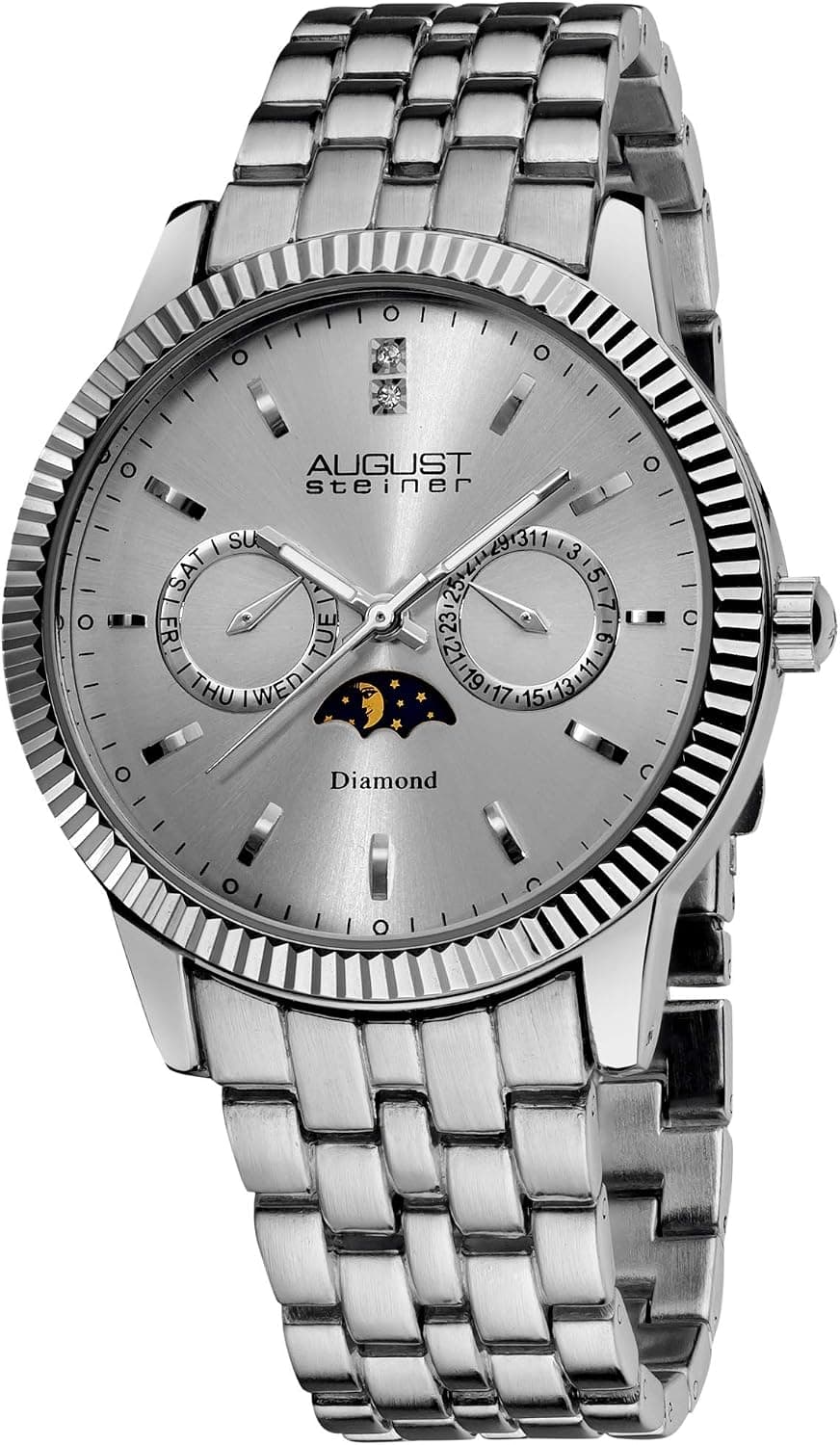 August Steiner Men's Multifunction Watch - Two Genuine Diamonds Moon Phase Indicator Dial Stainless Steel Bracelet - AS8050